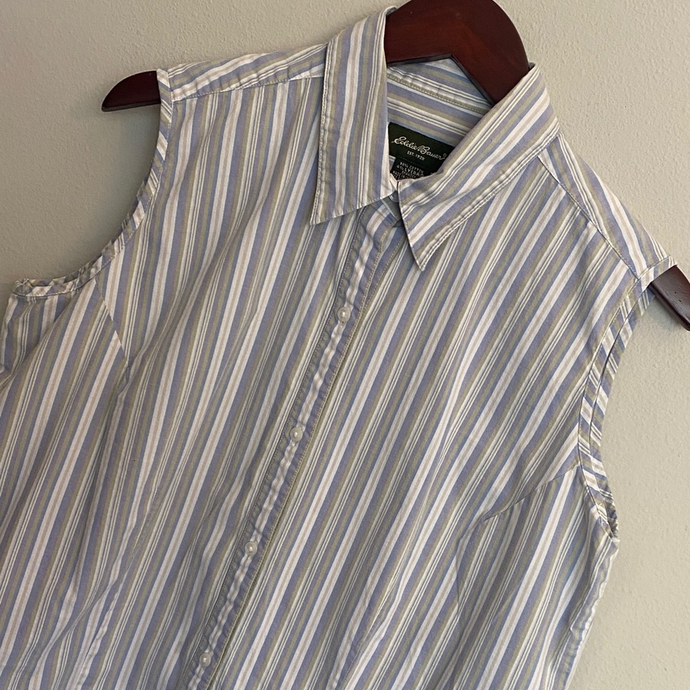Eddie Bauer Ladies Sleeveless Striped Button-Up Blouse in Blue, White & Tan. XL